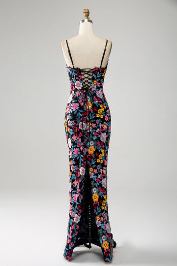 Nero Floreale Sirena Spaghetti Straps Abito Lungo Prom Con Ricamo